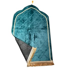 Plush Padded Muslim Prayer Mat with Tassels and Prayer Beads, Teal Green, Islamic Prayer Rug, 70x110cm