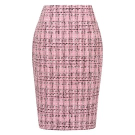 IDEALSANXUN Midi Plaid Skirts for Women 2024 Fall Winter Knee Length Pencil Wool Skirt with Slit, Tweed Pink New, Medium