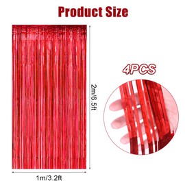 Pack of 4 Tinsel Curtains, 1 m x 2 m Glitter Party Curtain, Foil Fringe Tinsel Curtain, Metallic Glitter Curtain Fringe, Glitter Curtain for Birthdays, Wedding Party (Red)