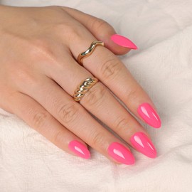 Artquee Neon Hot Pink Almond Press on Nails Short Solid Color Fake Nails Kit Glossy Reusable False Stick on Fingernails for Women - 32 Pcs in 16 Sizes