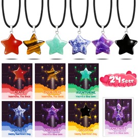 Arfun Valentines Day Cards Gifts for Kids School, 24 Pack Star Gem Necklaces Valentines Goodie Bags for Classroom, Valentine Exchange Party Favors Crystal Rock Stone Pendants for Girls Boys Class