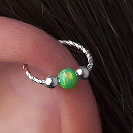 Green Opal Silver helix hoop - 20 gauge 925 silver helix Green Opal ring - Opal Cartilage Earring Hoop