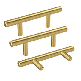 Haidms 10 Pack Brushed Brass Kitchen Cabinet Pulls, 2-1/2 Inch Hole Centers Cabinet Hardware Euro T Bar Handles Dresser Pulls