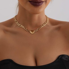 Inilbran Boho Heart Choker Necklace Vintage Heart Figaro Chain Necklace Gold Love Heart Necklace Heart Chunky Chain Necklace Jewelry for Women and Girls
