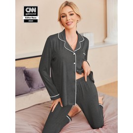 Ekouaer Pajamas Women's Long Sleeve Sleepwear Soft Button Down Loungewear Pjs Lounge Set Nightwear,Deep Flower Gray,Small