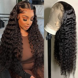 GIESWY Deep Wave Lace Front Wigs Human Hair Wigs for Black Women 13x4 HD Transparent Lace Frontal Glueless Wigs Human Hair Pre Plucked With Baby Hair 180% Density Natural Black natural color 24 inch