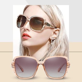 LumiSyne Sonnenbrille Damen Verspiegelt Verlaufsglas Polarisierte UV Schutz,Groß Polycarbonat Gläser Diamant Schneiden strasssteine verziert Rahmen,Draußen Reise Geschenkbox(Heller Braun)