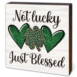 St. Patrick's Day Decorations, Irish Blessing Decor, Irish Gifts for Women, Rustic Green Shamrock Wood Block Sign for Home Party Shelf Table Tiered Tray Decor, 4.7" x 4.7"-A07