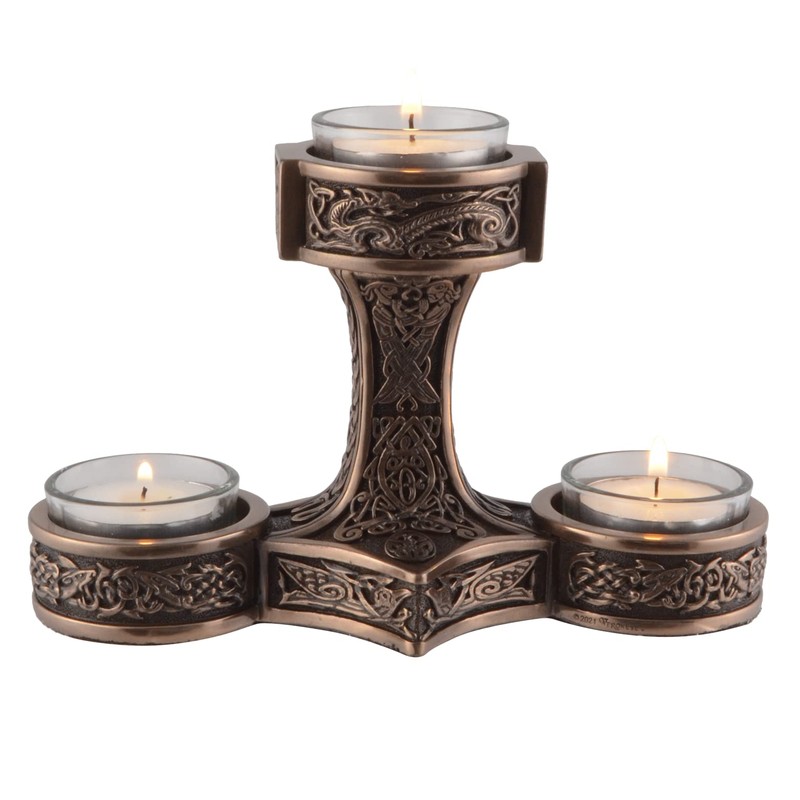 Veronese Germanic Tea Light Holder Mjolnir Thor's Hammer Bronzed 3
