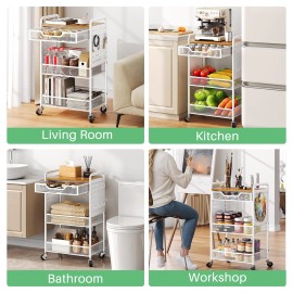 Hkwotinha 3 Tier Rolling Cart with Wheels - Metal Utility Carts with Drawers, Wood Tabl