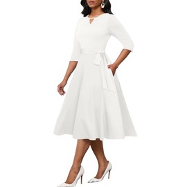 CLOCOR Women's Midi Dress 3/4 Sleeve A-line Swing Dress for Women Crewneck Casual Church White Dresses with Pockets M