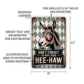 Funny Donkey Bathroom Sign – “Don’t Forget To Wipe Your Hee-Haw” Rustic Metal Wall Decor With Vintage Teal Pattern 8x12