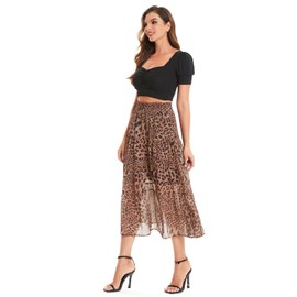 DIASHINY Women's Leopard Print Skirts High Waist Layered Elastic Waist A Line Long Tiered Skirt Leopard Print L