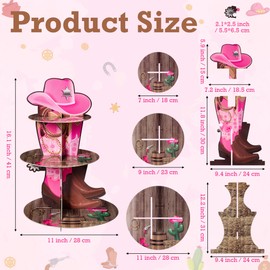 Haooryx Pink Western Cupcake Stand - 3 Tier Wild West Cowgirl Acrylic Cupcake Tower Cardboard Dessert Table Display Cake Holder Tiered Serving Tray Baby Shower Birthday Tea Party Decoration Supplies
