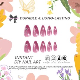 Pink Press on Nails Medium Almond MABKJLF Fake Nails Rose Pink Full Cover White Stars False Nails with Designs Glitter Glossy Glue on Nails Acrylic Manicure Artificial Nails for Women Girls 24Pcs