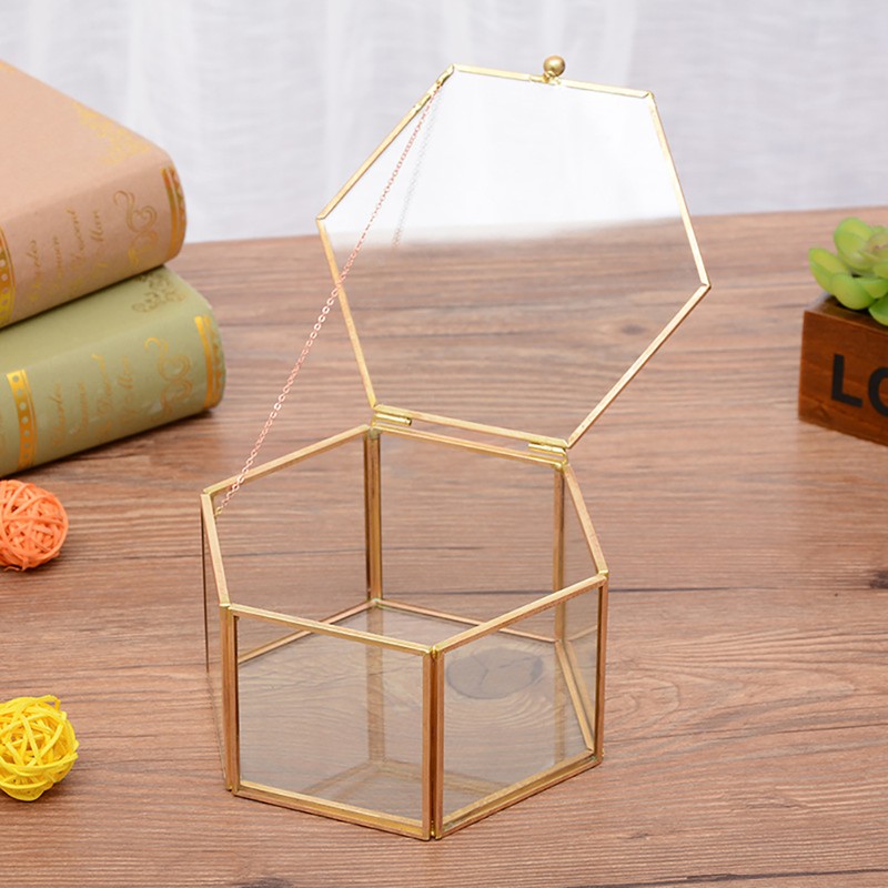 Hexagon Shape Geometric Transparent Glass Flower Room Glass Ring Box
