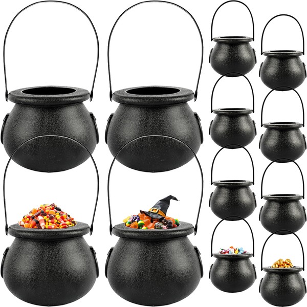 12 Pcs Black Witch Cauldron with Handle Plastic Candy Kettle