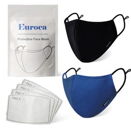 Euroca - Cloth Face Mask, Non-Woven Cotton Face Masks, Washable & Reusable Face Masks, Face Mask Set, Adjustable Face Mask With Filter Sheets (PM2.5), Black & Royal Blue, Set of 2, Men