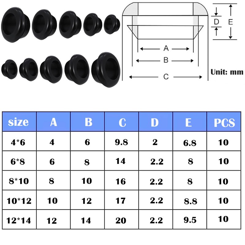 Pack of 50 Rubber Cable Grommet Rubber Grommets for Cable