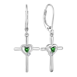 JIWOY Cross Earrings Sterling Silver Crucifix Dangle Drop Earrings Heart Created Emerald Religious Jewelry for Women