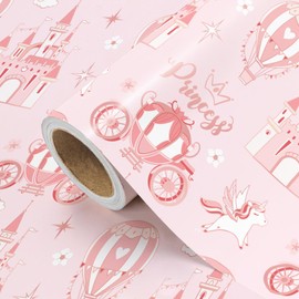 WRAPAHOLIC Princess Wrapping Paper - Mini Roll - 17 Inch x 16.5 Feet - Carriage Castle Pink Wrapping Paper Perfect for Kids Girls Birthday, Baby Shower