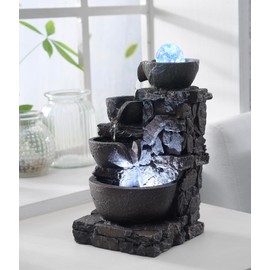 Tabletop Fountain Indoor Stone Four Bowls Waterfall Natural River Rocks Home Décor Decorated Colorful Cold RGB Lights Rolling Ball (23066)