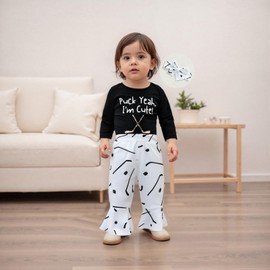 Newborn Baby Girl Hockey Clothes I'm Told I Love Hockey Romper Bell Bottom Flare Pants Set 3Pcs Infant Fall Outfits (Black, 3-6 Months)