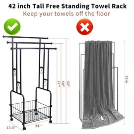 42" Tall Bathroom Towel Rack, Standing Towel Racks, 3 Tier Towel Holder with Storage Basket & 4 Hooks, Indoor Outdoor Freestanding Towel Racks with Anti-Skid Wheels, Pool Towel Blanket Stand