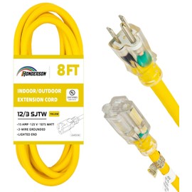HONDERSON 8FT 12/3 Lighted Outdoor Extension Cord - 12 Gauge 3 Prong SJTW Heavy Duty Yellow Extension Cable with 3 Prong Grounded Plug for Safety,UL Listed