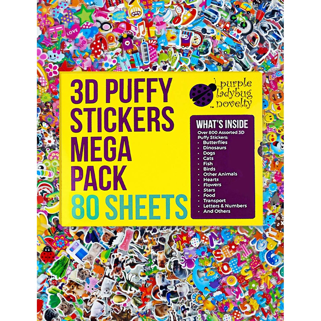Purple Ladybug 3D Puffy Stickers for Kids & Toddlers Mega Variety Pack - 80 Different Sticker Sheets with over 1900 Cute Stickers in Bulk! Includes Stars, Animals, Alphabet, Cars, Emoji Faces, & More!