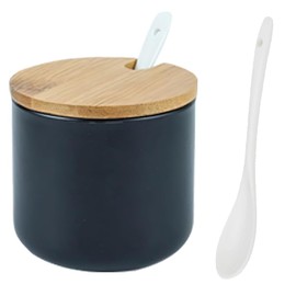 Yhuasia Spice Jars with Spoon, Ceramic Jar, Black with Lid and Spoon, Salt Jar and Sugar Bowl