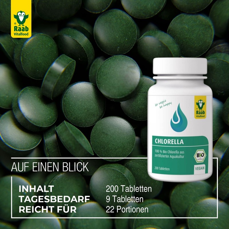 Raab Vitalfood Bio Chlorella-Tabletten aus reinen Micro-Algen, 200 Stück, vegan,