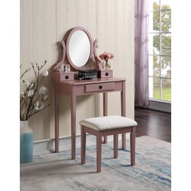 Roundhill Furniture Moniys Wood Moniya Makeup Vanity Table and Stool Set, Rose Gold
