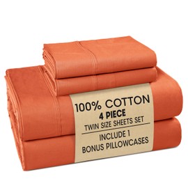 Casa Platino 100% Cotton Sheets Twin Size Set - 4 Pieces (1 Flat, 1 Fitted, 2 Pillowcases) - Soft & Breathable Percale Weave - Durable & Cooling Bed Sheets with Deep Pockets - Twin Sheet Set - Rust