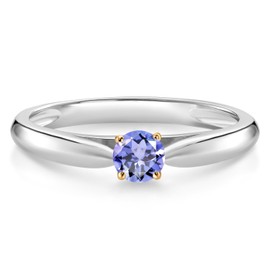 Gem Stone King 0.18 Ct Round Blue Tanzanite 925 Silver and 10K Yellow Gold Solitaire Engagement Ring (Size 5)