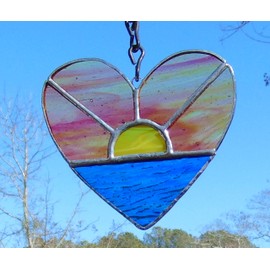 Sunrise Over Water Heart Shaped Handmade Stained Glass Sun Catcher Ornament Limited Edition