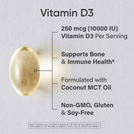 Vitamin D3 10,000 IU with Coconut MCT Oil - High Potency Vitamin D Supplement - Vitamina D3 10,000 IU con Aceite de Coco MCT - Suplemento de Vitamina D de Alta Potencia