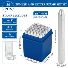 BENECREAT 36 Pack (3mm 1/8") Low Case Letter and Number Metal Stamp Punches with Tool Case Matte Design Punch Stamps for Jewelry Wood Stamping