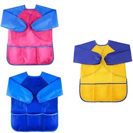 DERAYEE 3 Pieces Waterproof Long Sleeve Painting Apron Children's Craft Apron Painting Apron for 2-7 Years (Red, Yellow and Blue), Pack of 3