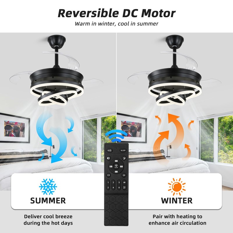 Retractable Ceiling Fan with Lights,Dimmable,6 speeds,DC Motor,36 inch Modern DIY