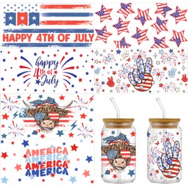 Generic 6 Sheets UV DTF Wrap Transfer for Cups, Independence Day Wrap Transfer Decal for 16 oz Glass Cup, July 4th Stickers for 16 oz Water Bottles, Set of 6 Sheets Waterproof Cup Print
