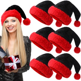 Hollowfly 6 Pieces Black Christmas Santa Hat Goth Elf Christmas Plush Velvet Hat Black Red Christmas Hat for Goth Costume