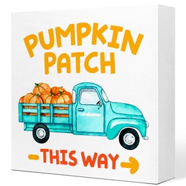 Fall Table Decor,Fall Pumpkin Patch Watercolor Blue Pickup Truck Wood Block Sign Desk Decor,Rustic Autumn Harvest Seasonal Thanksgiving Wooden Box Sign for Farmhouse Home Shelf Table Decoration Q679