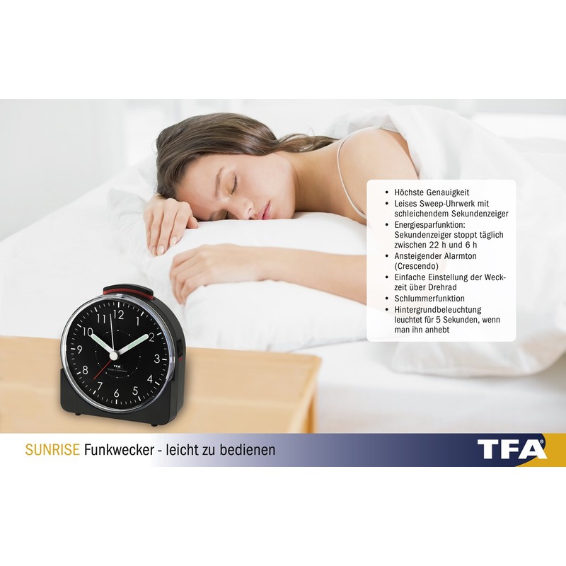 TFA Dostmann Sunrise 60.1513.01 Analogue Radio-Controlled Alarm Clock Silent Movement