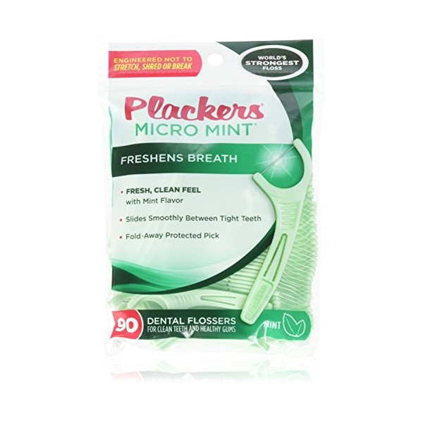 PLACKERS Micro Mint Freshens Breath, Dental Flossers Mint 90 Each (Pack of 4) - Packaging may vary