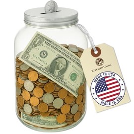 Mason Large Coin Bank Piggy Bank with Slotted Silver Lid – 1 Gallon Glass Jar Holds $3,000 in Quarters – Tip Jar, Donation Holder, Raffle Collector – Made in USA