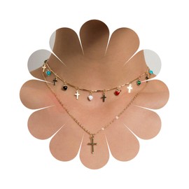 Inilbran Boho Layered Cross Choker Necklace Tiny Rainbow Gemstone Necklace Choker Vintage Cross Pendant Necklace Colourful CZ Cross Necklace Chain Jewellery for Women and Girls