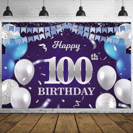 Happy 100th Birthday Banner Backdrop Navy Blue Balloons Confetti Stripe Flag Light Spots Cheers to 100 Years Old Theme Decorations Decor for Women Men 100th Birthday Party Bday Supplies Glitter Silver