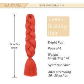 Gairyan Braiding Hair Extensions for Braiding 6 Packs 600g 24" Ombre Jumbo Braiding Hair Coloured Synthetic Hair for Women Soft Box Braids Crochet Twists (Bright Red)