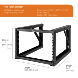 Tecmojo 6U Wall Mount Rack, Wall Mount Network Rack 24.8in Depth, Open Frame Server Rack for 19in IT/AV/Data/Home Equipment, Black